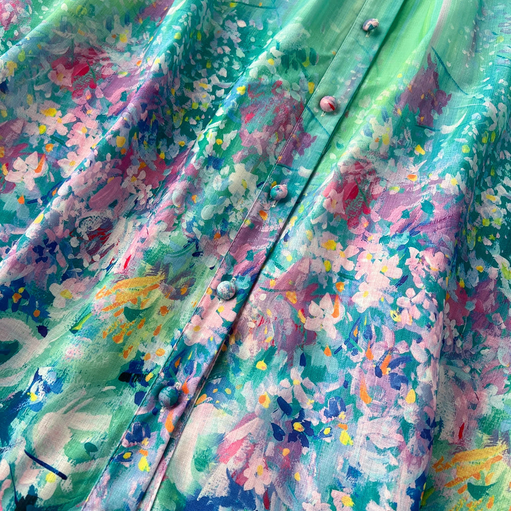 French Style Retro Fresh Print Chiffon Dress 2024 New Loose Elegant Slim Robe Stand Collar Single Breasted Long Sleeve Ropa