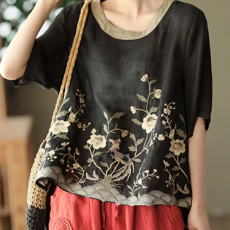 Cotton Linen Blouse Floral Print Womens Tops Spring Summer Literary Retro Embroidery Top Casual Contrast Round Neck Blouses