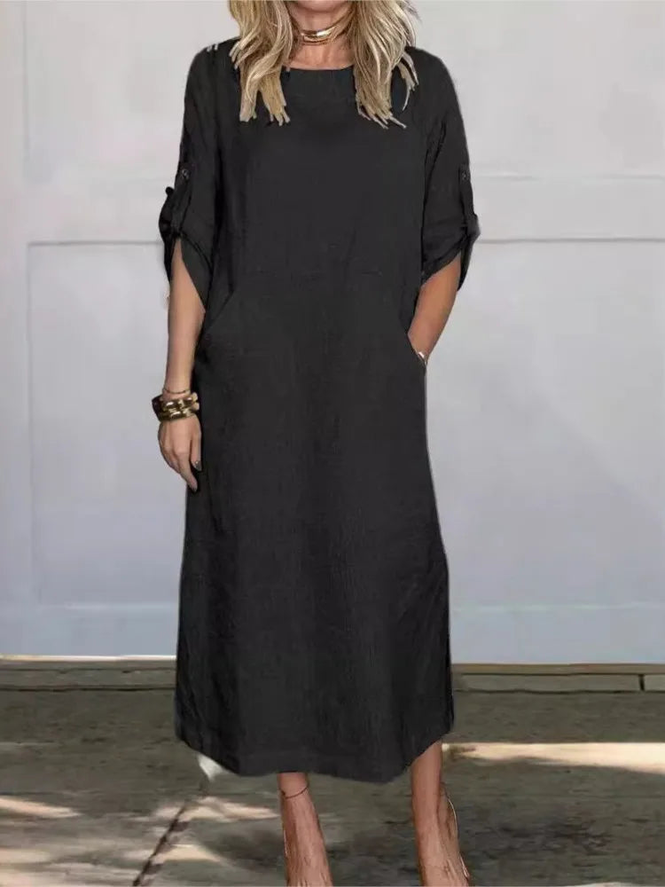 New Women's Clothing 2024 Summer Loose Casual Solid Color Short Sleeved Cotton Linen Fashionable Button With Pocket Dress