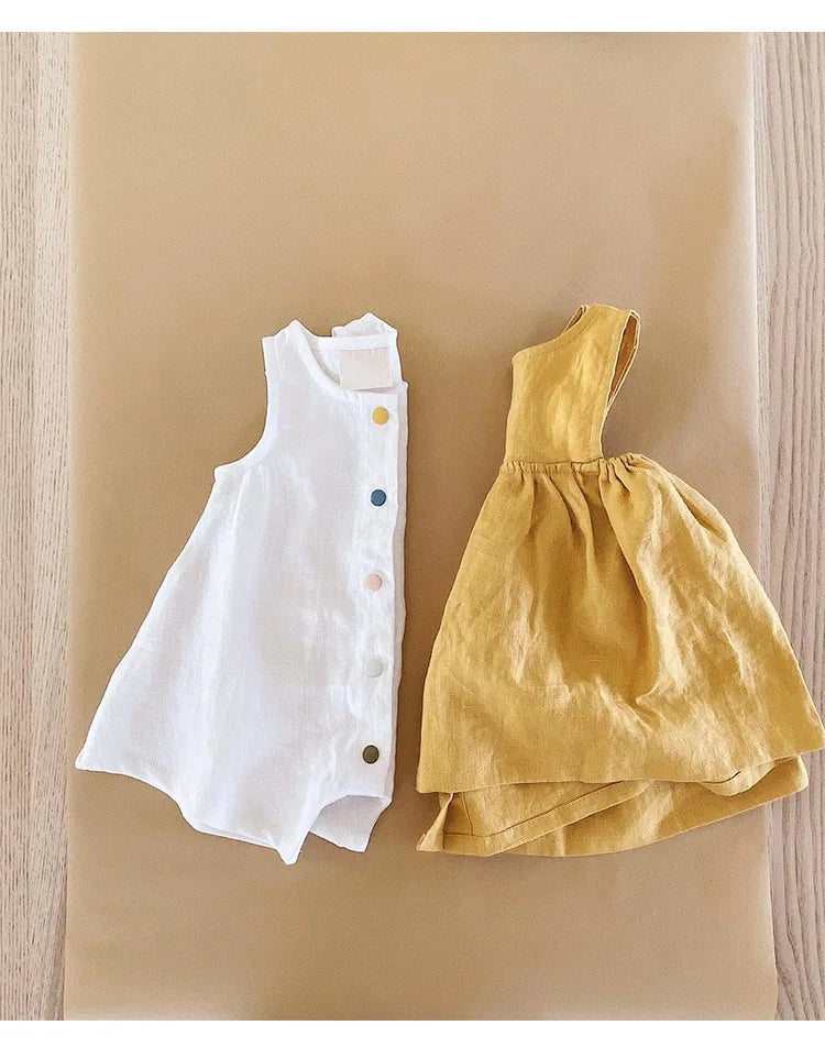 Linen Sleeveless Vest Dress Girls 2026 Summer New Cute Sunshine Baby Girl Dress Waist Pleated Round Neck Cotton Linen Dresses