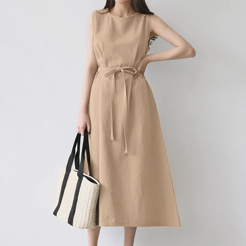Beige Cotton Linen Belted Long Sleeveless Dress