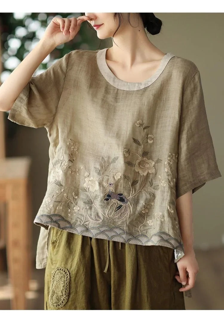 Cotton Linen Blouse Floral Print Womens Tops Spring Summer Literary Retro Embroidery Top Casual Contrast Round Neck Blouses