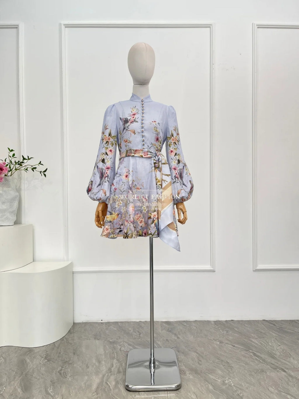 Linen Women Clothes Hight Quality Blue Floral Print Long Sleeve Self Bow Tie At Waist Mini Dress