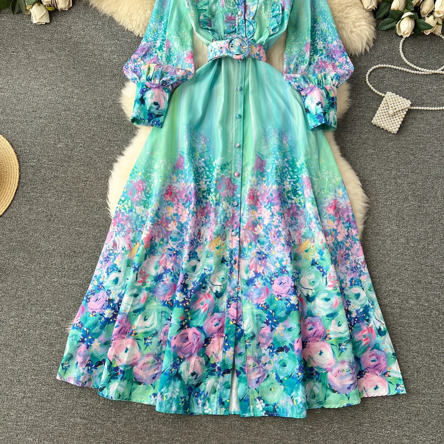 French Style Retro Fresh Print Chiffon Dress 2024 New Loose Elegant Slim Robe Stand Collar Single Breasted Long Sleeve Ropa