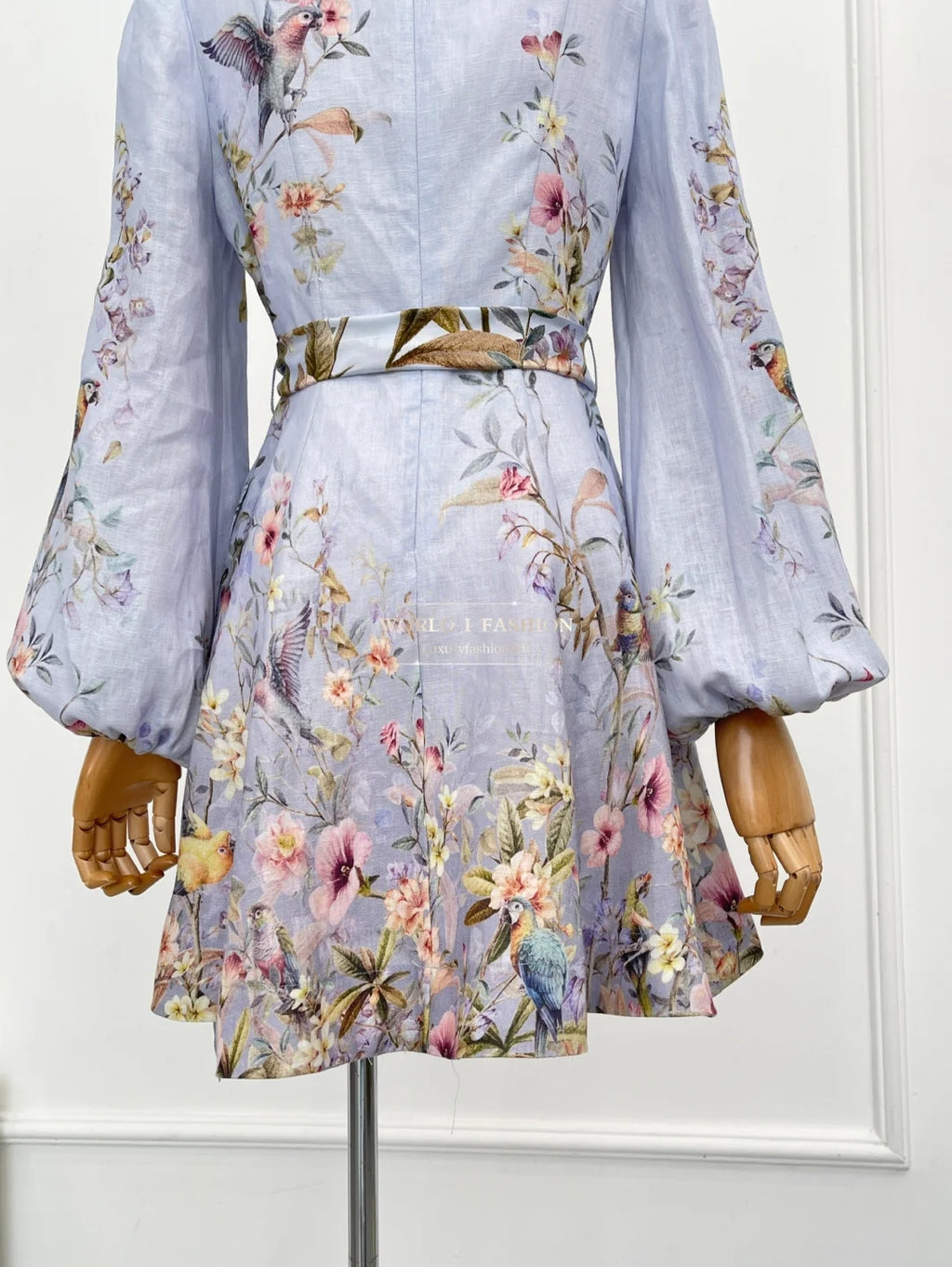 Linen Women Clothes Hight Quality Blue Floral Print Long Sleeve Self Bow Tie At Waist Mini Dress