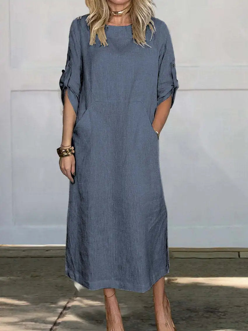 New Women's Clothing 2024 Summer Loose Casual Solid Color Short Sleeved Cotton Linen Fashionable Button With Pocket Dress