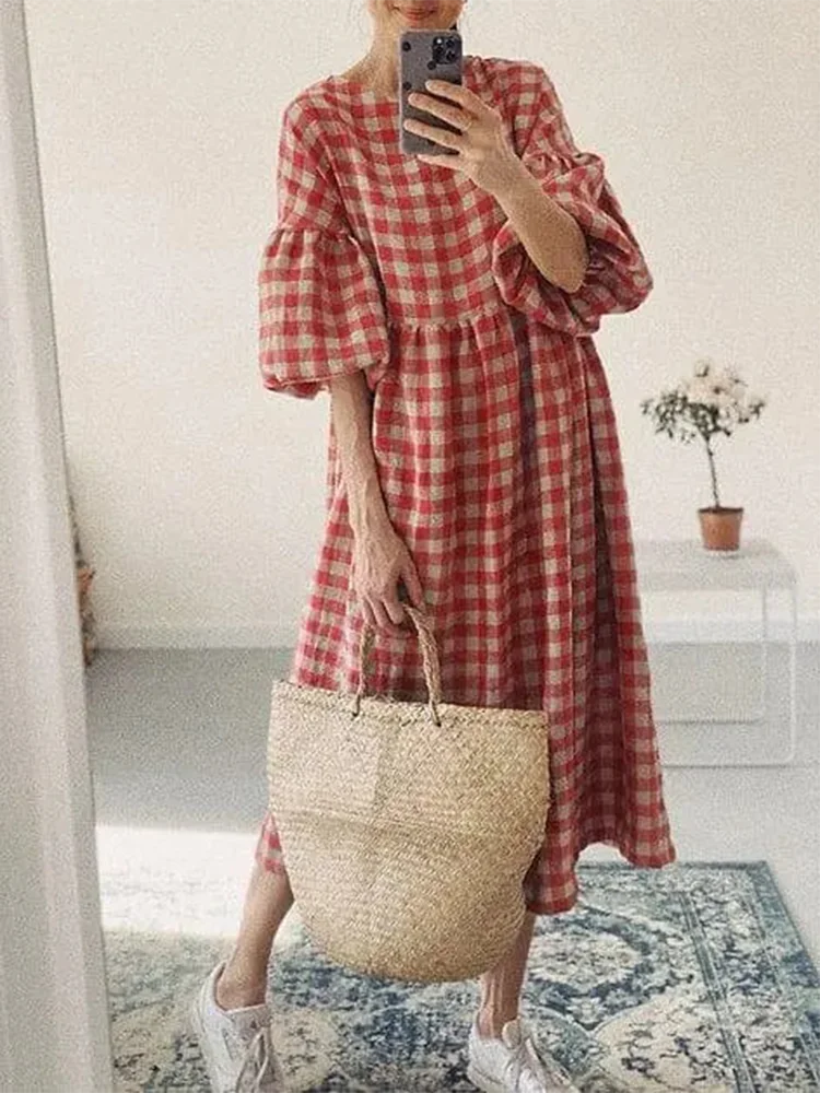 Msfancy Puff Sleeve Dress Women Cotton Short Sleeve Loose Robe Femme 2023 Vintage Vocation Vestidos