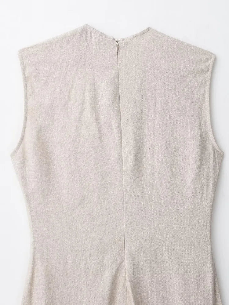 Elegant Linen Blend Belted Sleeveless Midi Dress