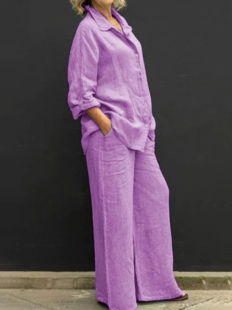 Linen Lapel Two Pieces Set Autumn Vintage Solid Color Long Sleeve Button Shirt Blouse Women Casual Loose Straight Pants Suits