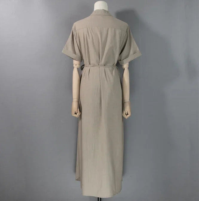 Cotton Linen Women Long Dresses Female New Fashion Loose Clothes Ladies Short Sleeve Turn down Collar Commuting Loose Cardigan