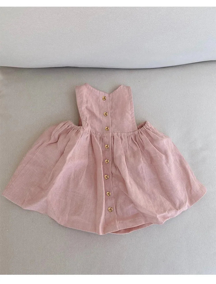 Linen Sleeveless Vest Dress Girls 2026 Summer New Cute Sunshine Baby Girl Dress Waist Pleated Round Neck Cotton Linen Dresses