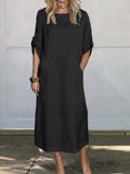 New Women's Clothing 2024 Summer Loose Casual Solid Color Short Sleeved Cotton Linen Fashionable Button With Pocket Dress