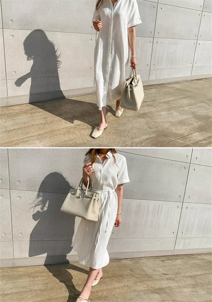 Cotton Linen Women Long Dresses Female New Fashion Loose Clothes Ladies Short Sleeve Turn down Collar Commuting Loose Cardigan