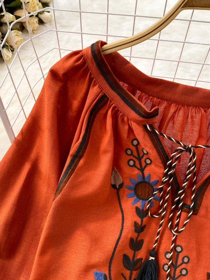 Women Spring Blouse Ethnic Style Retro Literature Loose Embroidered Cotton Linen Round Neck Pullover Shirt Casual Top D3549