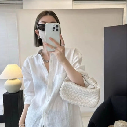 French linen long-sleeved shirt for women, summer thin loose cover-up sun protection top