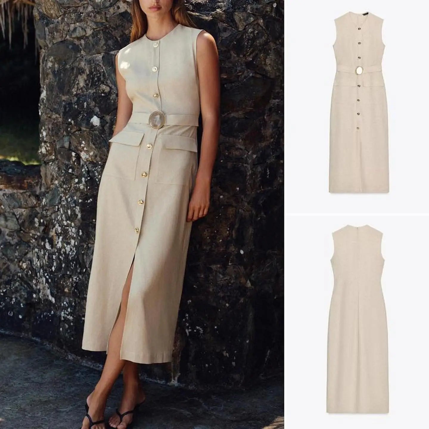 Elegant Linen Blend Belted Sleeveless Midi Dress