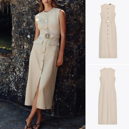 Elegant Linen Blend Belted Sleeveless Midi Dress