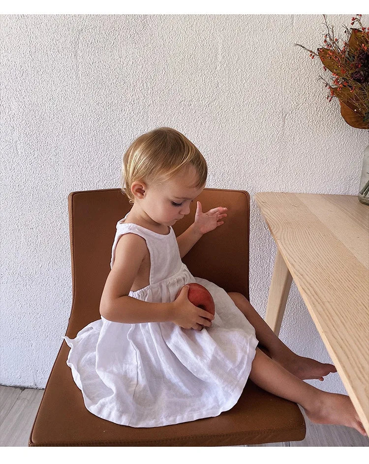 Linen Sleeveless Vest Dress Girls 2026 Summer New Cute Sunshine Baby Girl Dress Waist Pleated Round Neck Cotton Linen Dresses