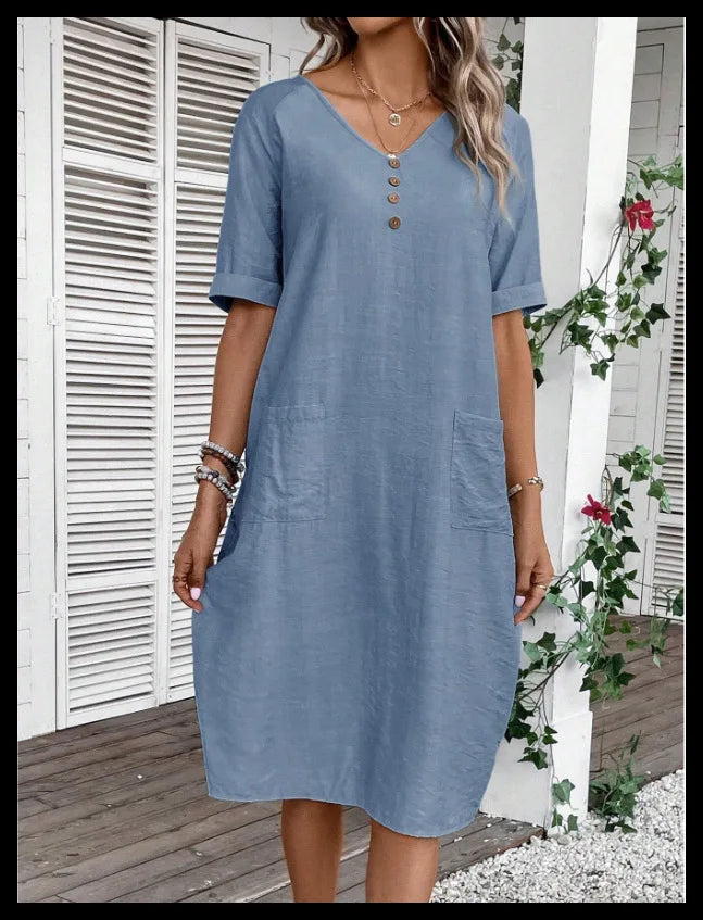 Cotton Linen Casual Women's Dresses 2026 Spring/Summer Holiday Short Sleeve Solid V-neck pokect Large Swing Loose Dress