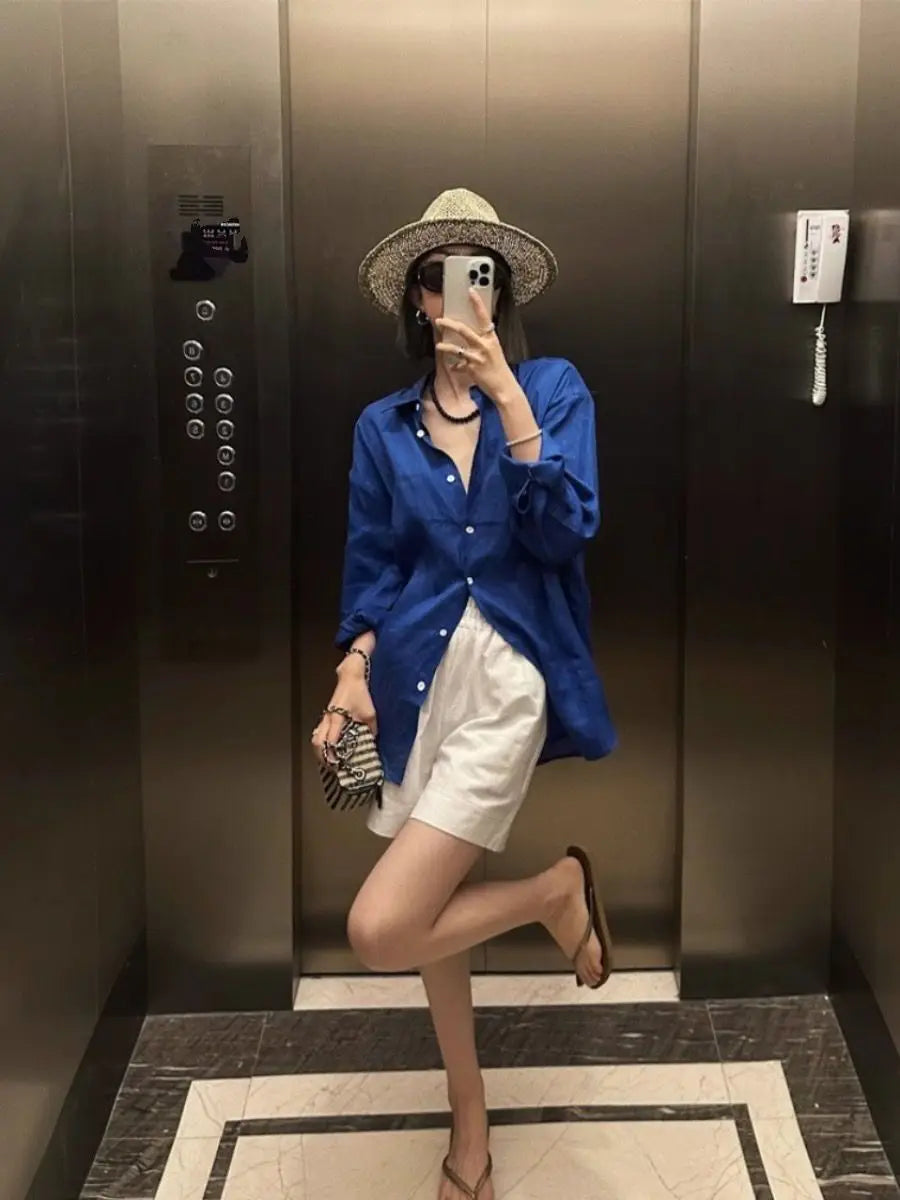 French linen long-sleeved shirt for women, summer thin loose cover-up sun protection top