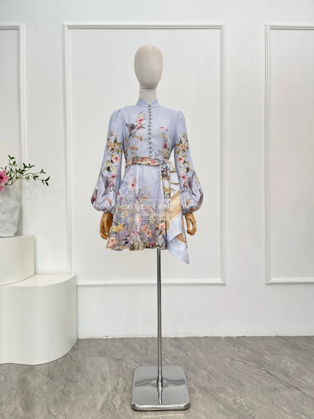 Linen Women Clothes Hight Quality Blue Floral Print Long Sleeve Self Bow Tie At Waist Mini Dress