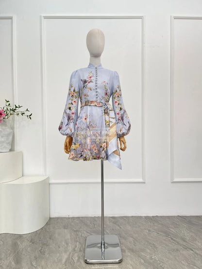 Linen Women Clothes Hight Quality Blue Floral Print Long Sleeve Self Bow Tie At Waist Mini Dress