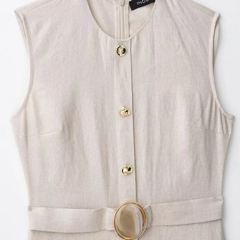 Ziahme Elegant Linen Blend Belted Sleeveless Midi Dress