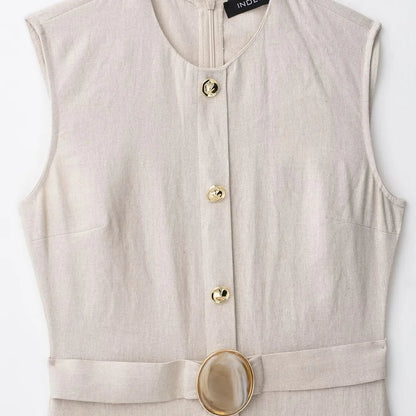 Elegant Linen Blend Belted Sleeveless Midi Dress