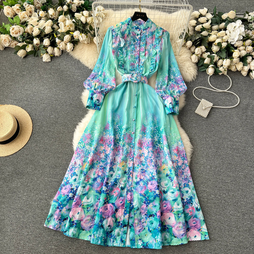 French Style Retro Fresh Print Chiffon Dress 2024 New Loose Elegant Slim Robe Stand Collar Single Breasted Long Sleeve Ropa