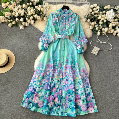 French Style Retro Fresh Print Chiffon Dress 2024 New Loose Elegant Slim Robe Stand Collar Single Breasted Long Sleeve Ropa
