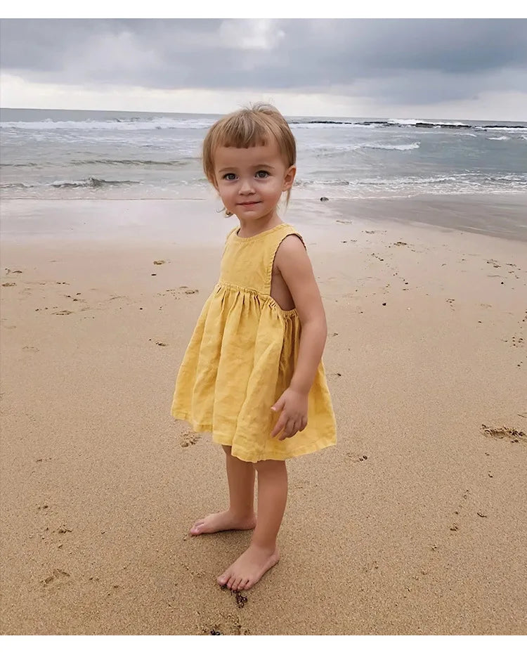 Linen Sleeveless Vest Dress Girls 2026 Summer New Cute Sunshine Baby Girl Dress Waist Pleated Round Neck Cotton Linen Dresses