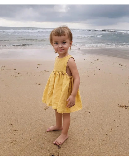 Linen Sleeveless Vest Dress Girls 2026 Summer New Cute Sunshine Baby Girl Dress Waist Pleated Round Neck Cotton Linen Dresses