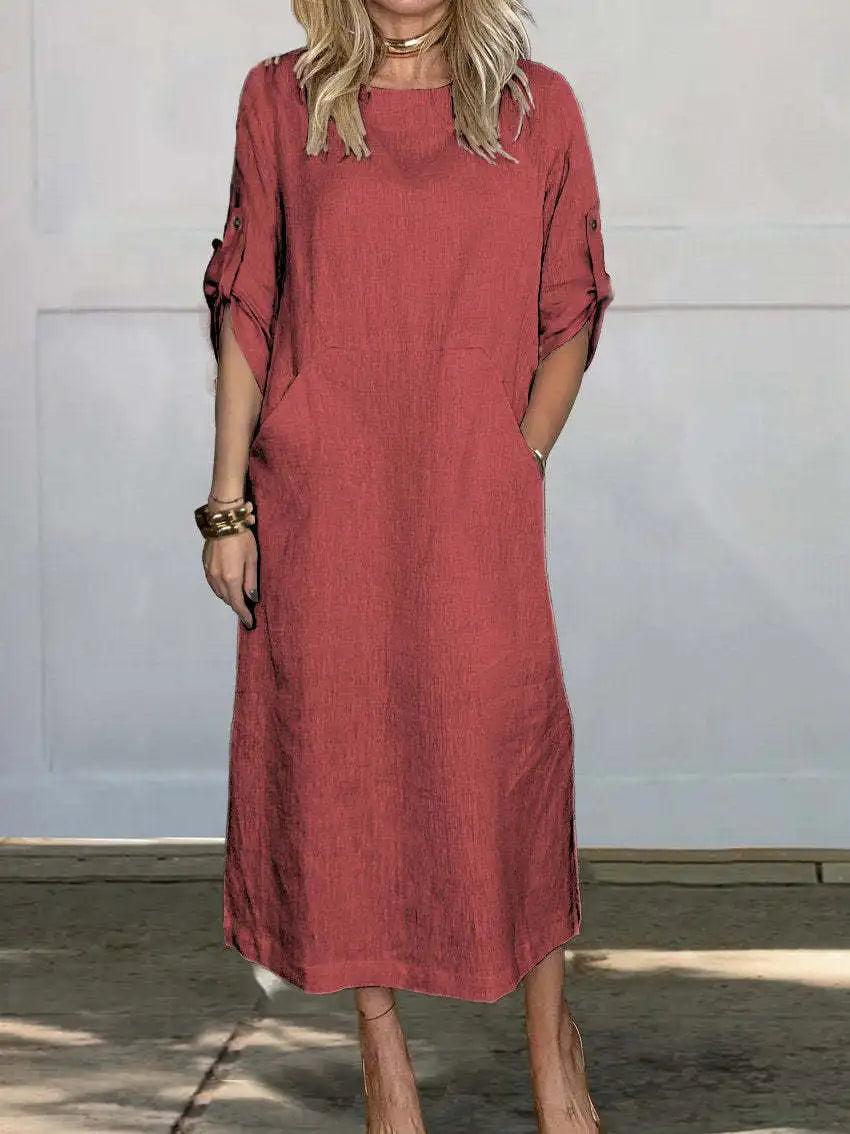 New Women's Clothing 2024 Summer Loose Casual Solid Color Short Sleeved Cotton Linen Fashionable Button With Pocket Dress