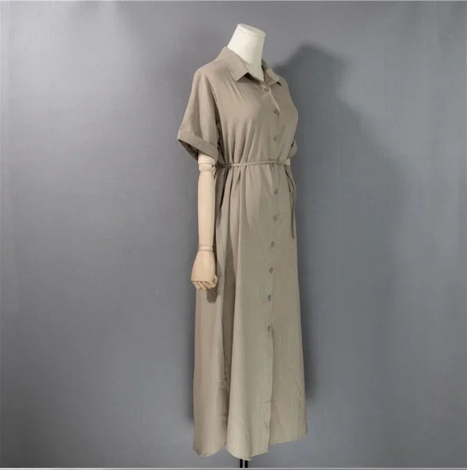 Cotton Linen Women Long Dresses Female New Fashion Loose Clothes Ladies Short Sleeve Turn down Collar Commuting Loose Cardigan