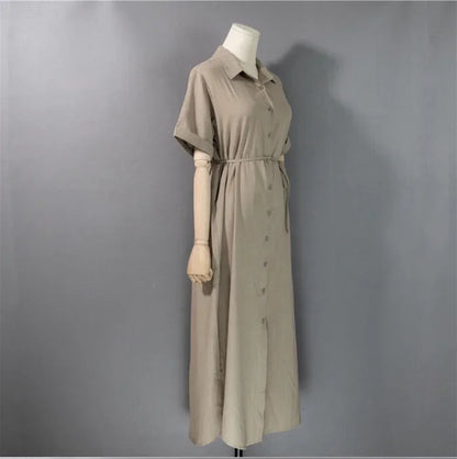 Cotton Linen Women Long Dresses Female New Fashion Loose Clothes Ladies Short Sleeve Turn down Collar Commuting Loose Cardigan