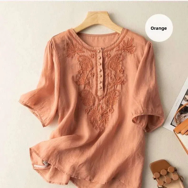 Summer New Artistic Retro Loose Design Embroidered Cleanfit round Ne ort Sve Ladies T-irt Linen Fabric Plant Floral