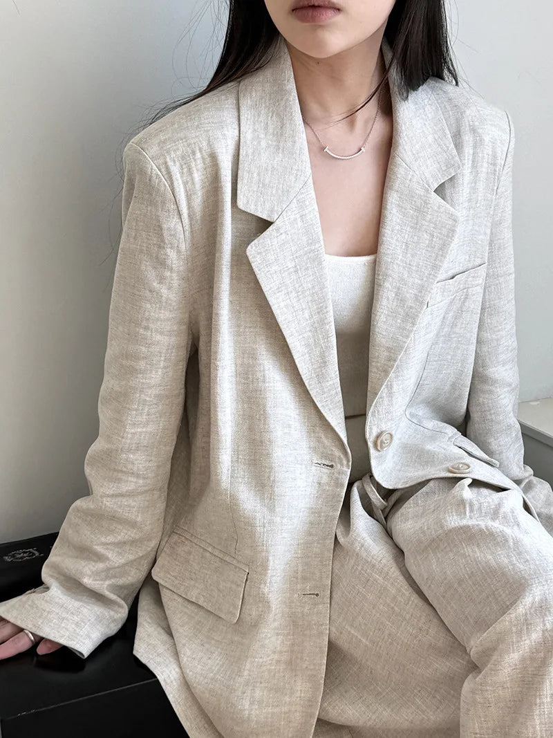 Linen Blazer For Women 2025 Spring Cotton-linen Suit + Pants Set Sold Separately