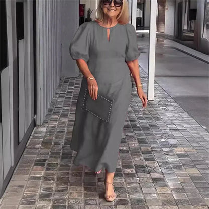 Women New Hollow Out O Neck Pullover Dresses Female Loose Casual Commuter Solid Color Gown Summer Bubble Short Sleeve Dress