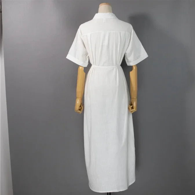 Cotton Linen Women Long Dresses Female New Fashion Loose Clothes Ladies Short Sleeve Turn down Collar Commuting Loose Cardigan