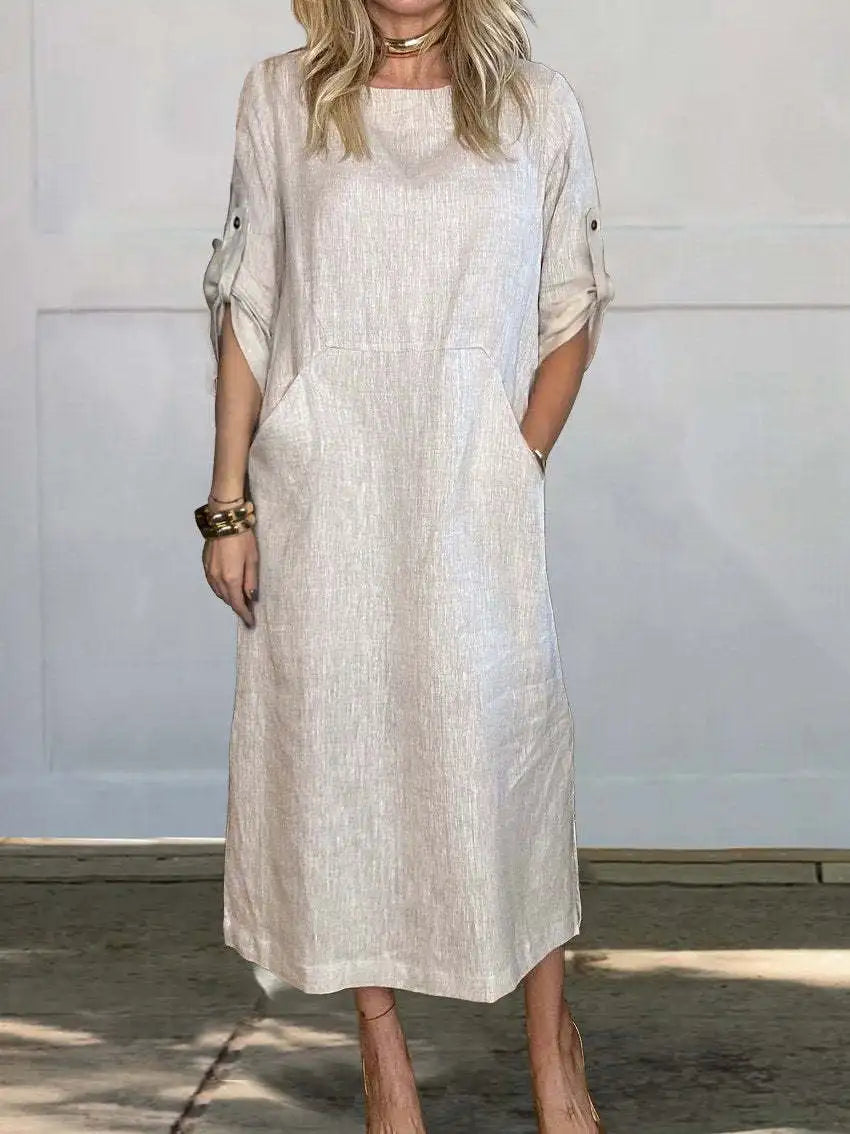 New Women's Clothing 2024 Summer Loose Casual Solid Color Short Sleeved Cotton Linen Fashionable Button With Pocket Dress