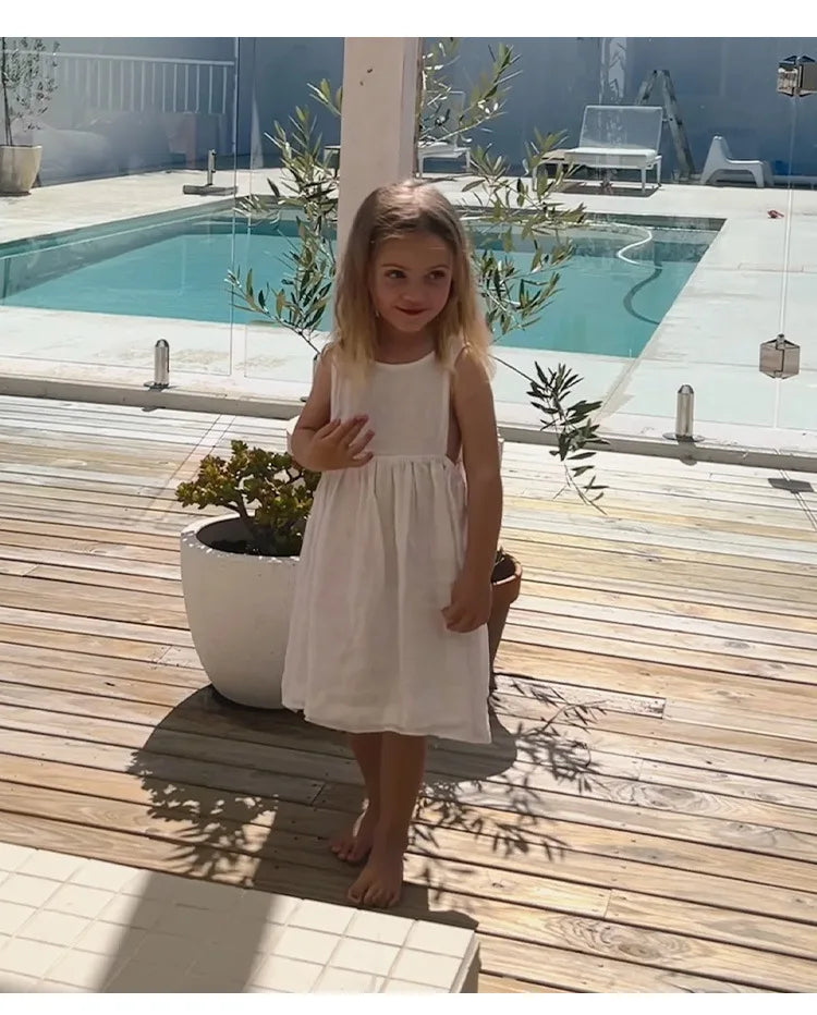 Linen Sleeveless Vest Dress Girls 2026 Summer New Cute Sunshine Baby Girl Dress Waist Pleated Round Neck Cotton Linen Dresses