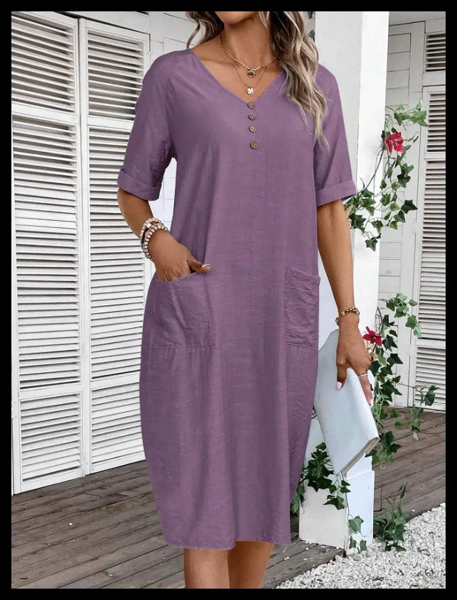 Cotton Linen Casual Women's Dresses 2026 Spring/Summer Holiday Short Sleeve Solid V-neck pokect Large Swing Loose Dress
