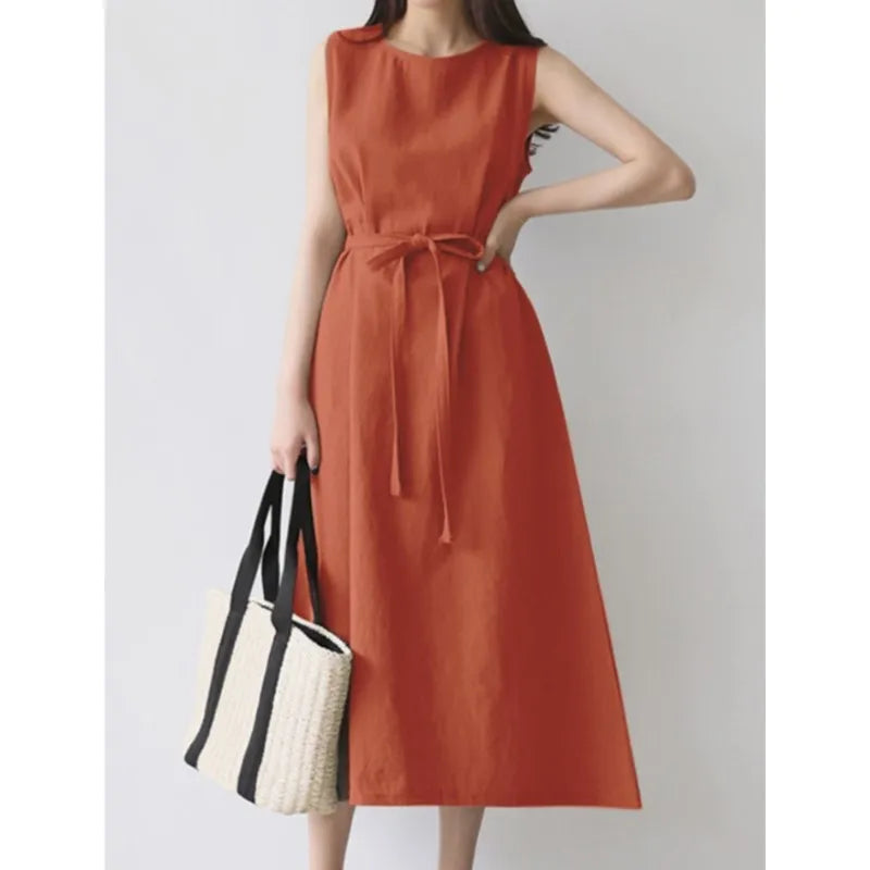Beige Cotton Linen Belted Long Sleeveless Dress