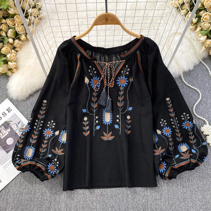 Women Spring Blouse Ethnic Style Retro Literature Loose Embroidered Cotton Linen Round Neck Pullover Shirt Casual Top D3549