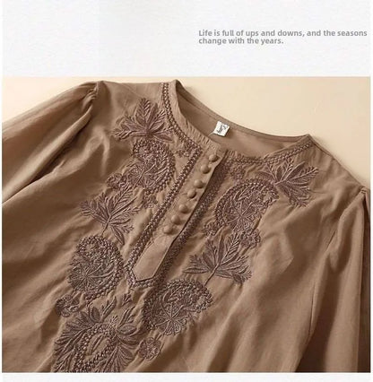Summer New Artistic Retro Loose Design Embroidered Cleanfit round Ne ort Sve Ladies T-irt Linen Fabric Plant Floral