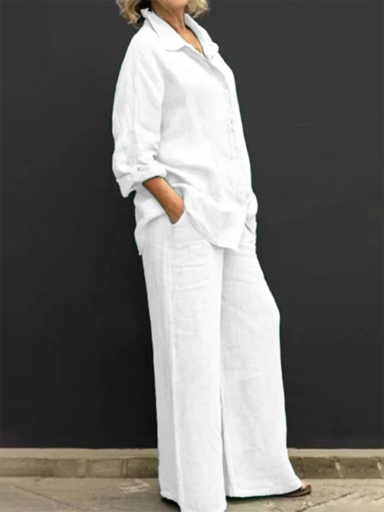 Linen Lapel Two Pieces Set Autumn Vintage Solid Color Long Sleeve Button Shirt Blouse Women Casual Loose Straight Pants Suits