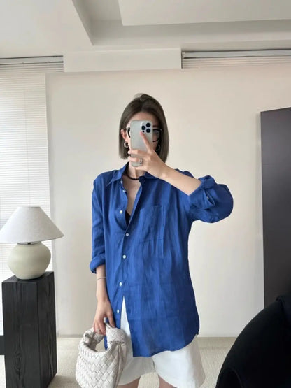 French linen long-sleeved shirt for women, summer thin loose cover-up sun protection top