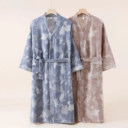 2025 Cotton and Linen Nightgown Thin Long Lace-up Bathrobe Casual Loose Women&