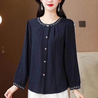 Embroidered Cotton Linen Shirt for Women Early Autumn New Loose Belly-covering Versatile Long-sleeved Cotton Linen Blouses
