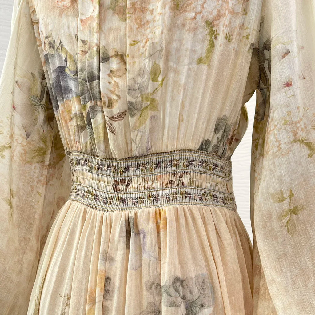 Re-tro 2026 Linen Silk Beige Floral Print Long Sleeve Dress